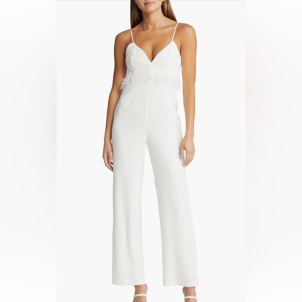 NWT SAYLOR Krysta Feather Bridal Wedding Reception Formal Jumpsuit White Large